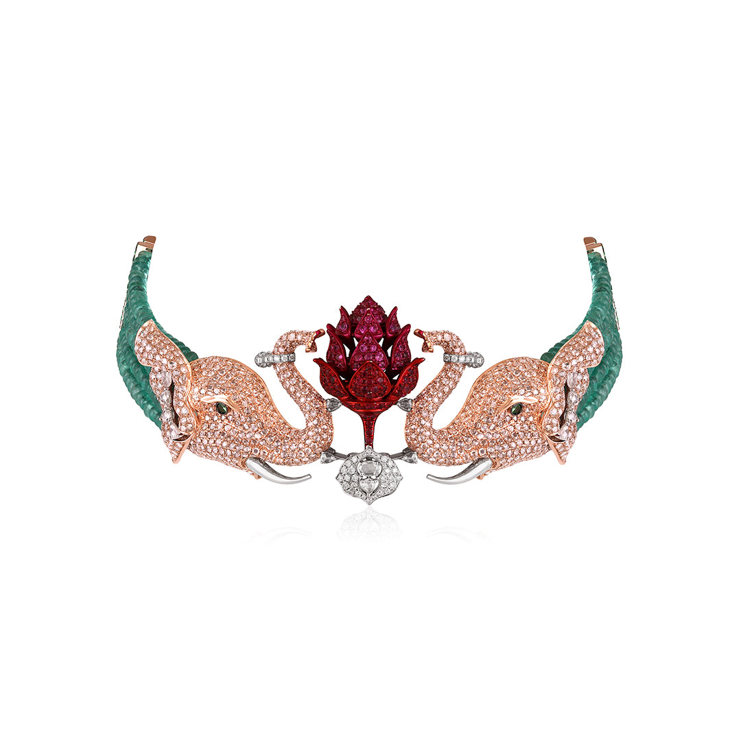 Crowned Elephant Ruby Necklace-Bracelet