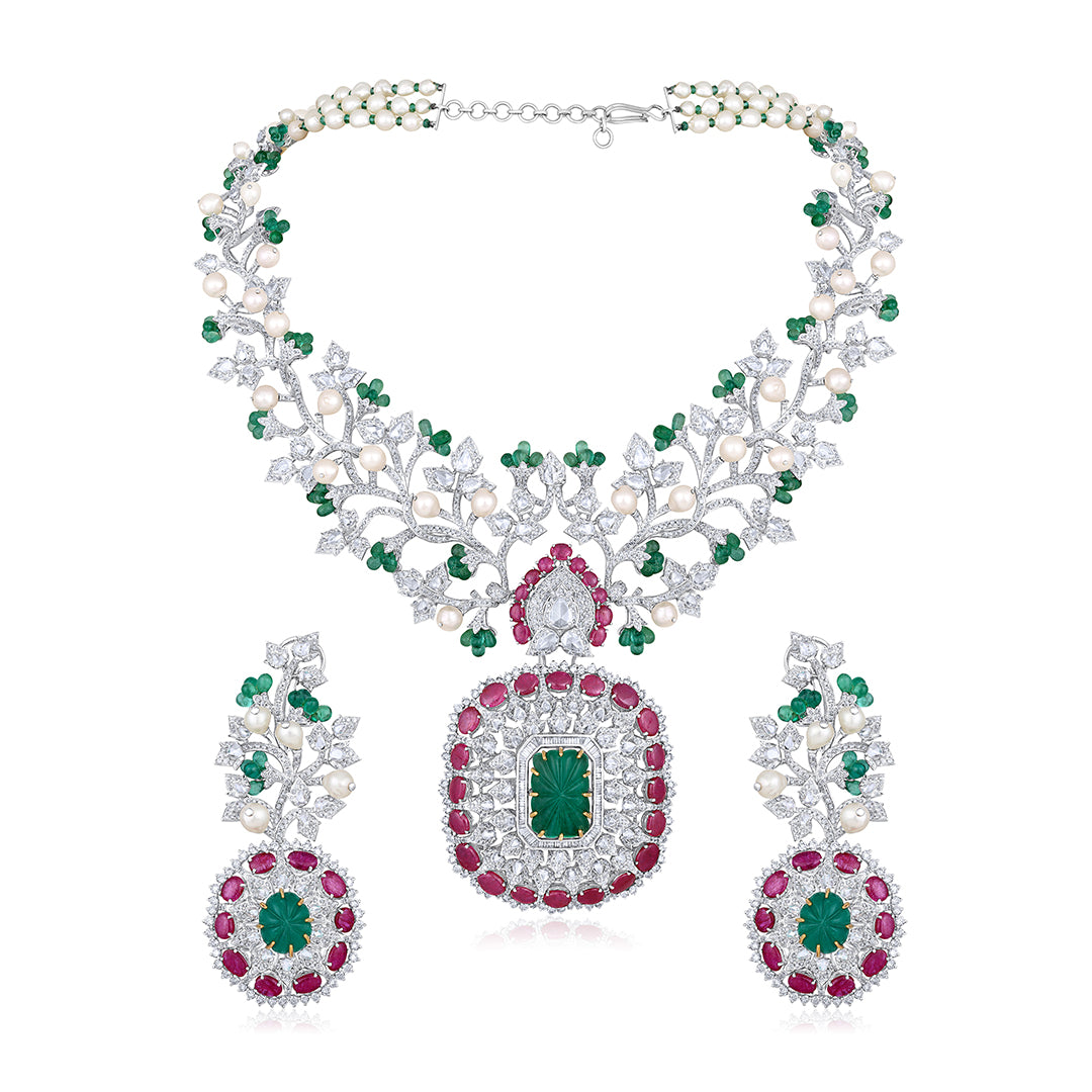 Etheria Floral Cascade Ruby Necklace Set