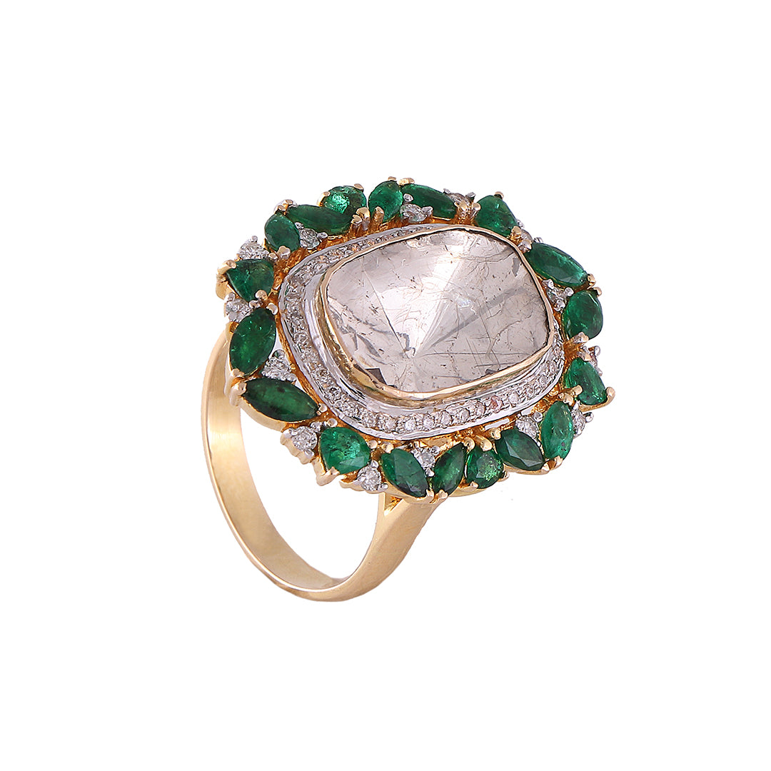 Heirloom Polki Emerald Halo Ring