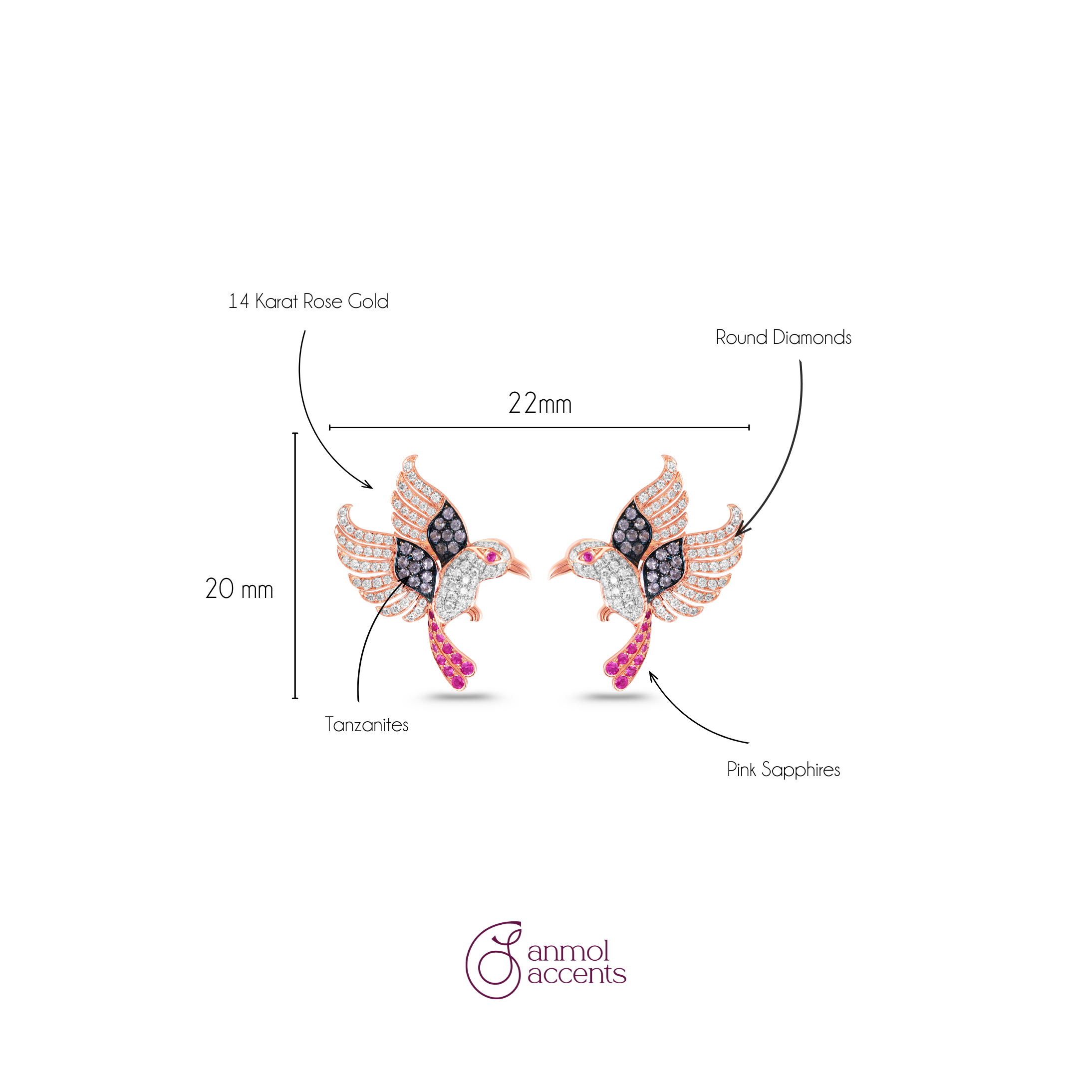 Rose Sapphire Wings Earrings