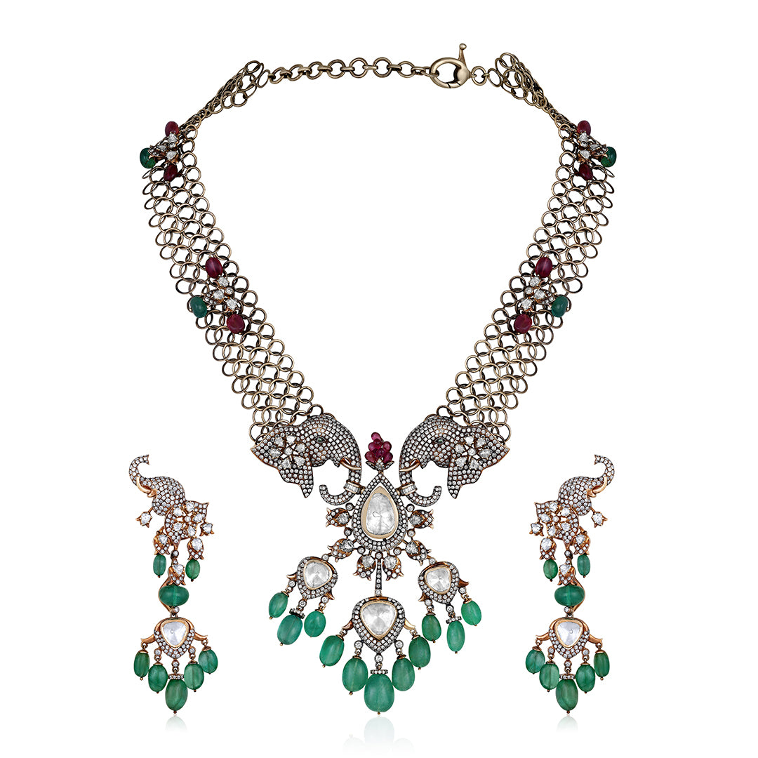 The Polki Long Elephant Necklace Set